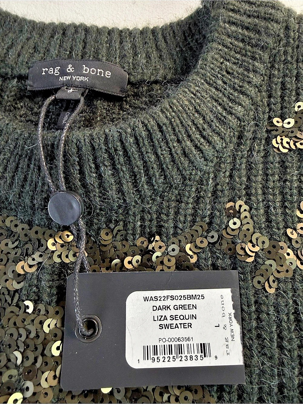 rag & bone Liza Sequin Detail Wool Oversized Cropped Sweater Green & Gold NWT - Picture 6 of 10